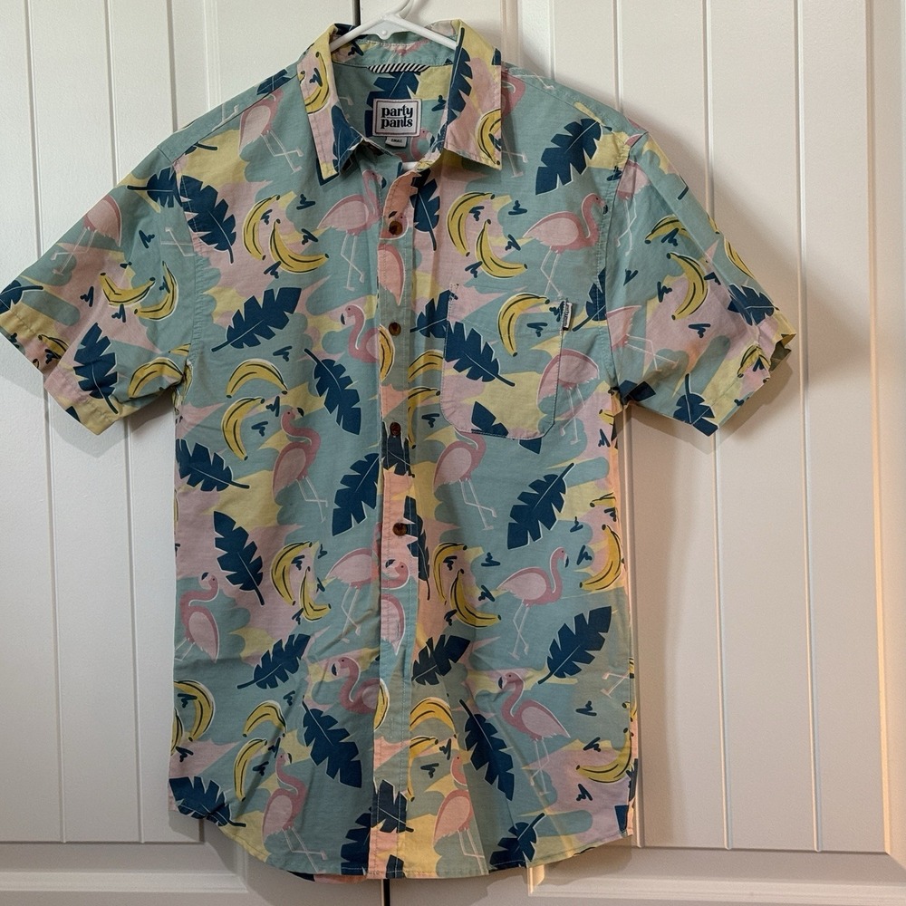 Party Pants Men's Button Down Short Sleeve 80's‎ Retro Flamingo Banana Size S
